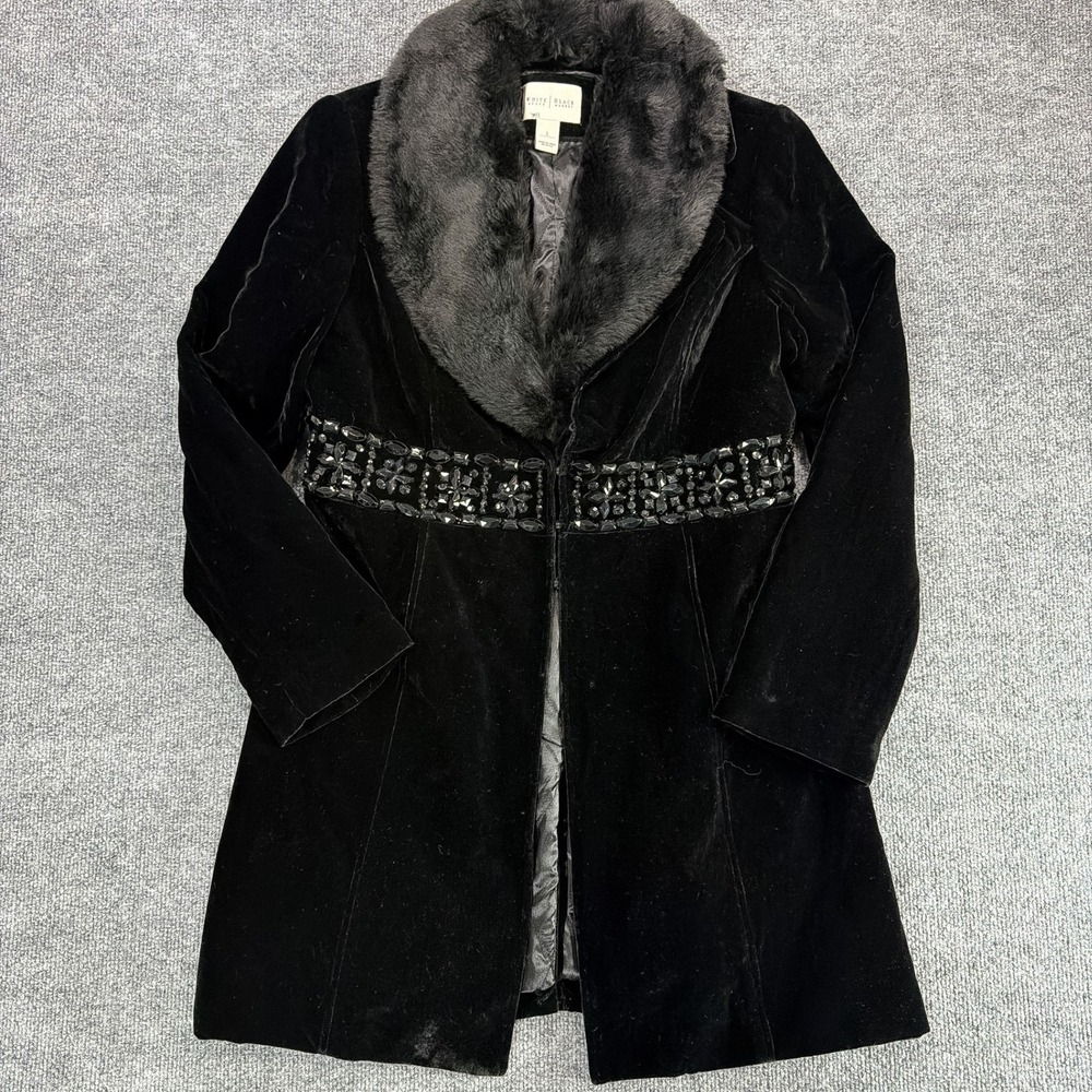 White House Black Market Velvet Silk Blend Beaded Faux Fur Trim Coat Blk L Goth